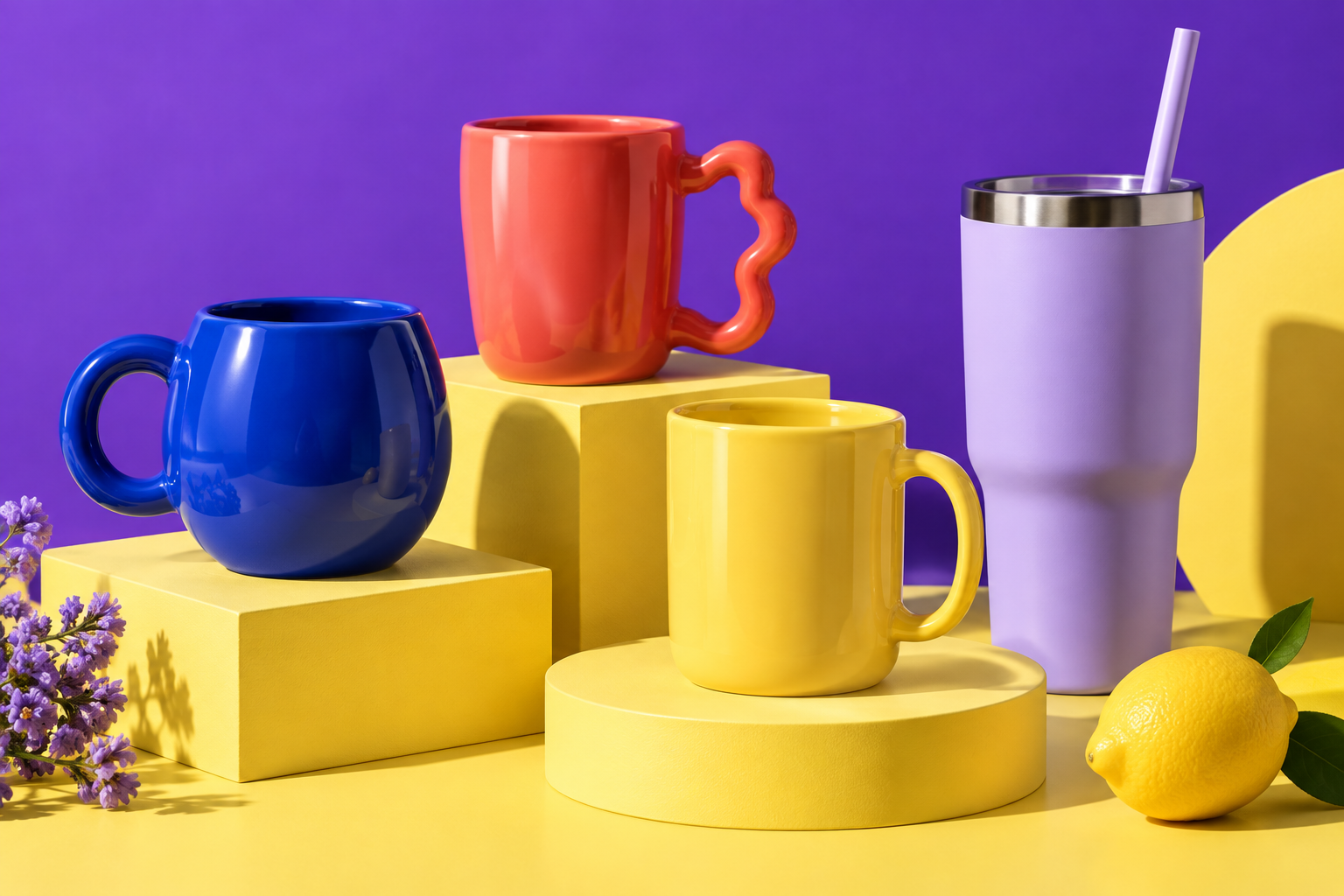Colorful ceramic mugs and a lavender travel tumbler on bright sculptural display blocks