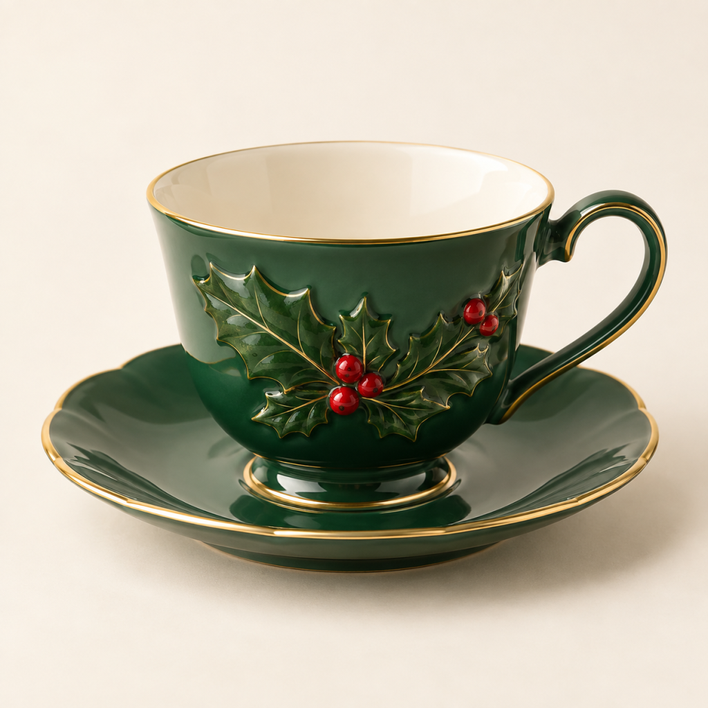 Green Holly Teacup and Saucer