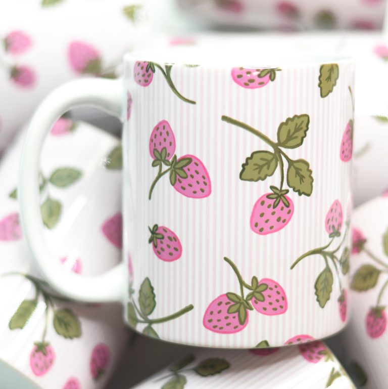 Pink Seersucker Strawberries Ceramic Mug