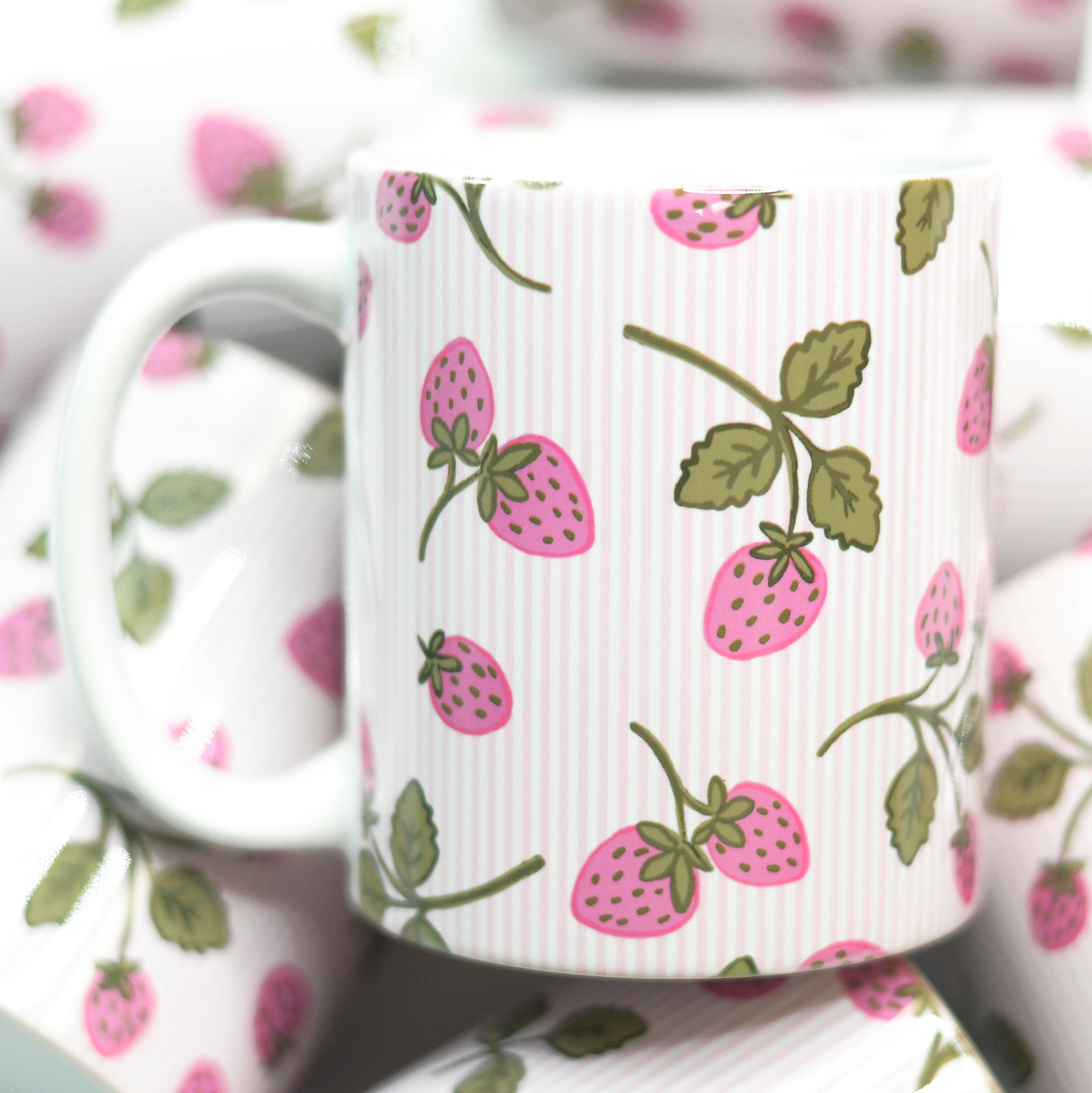 Pink Seersucker Strawberries Ceramic Mug
